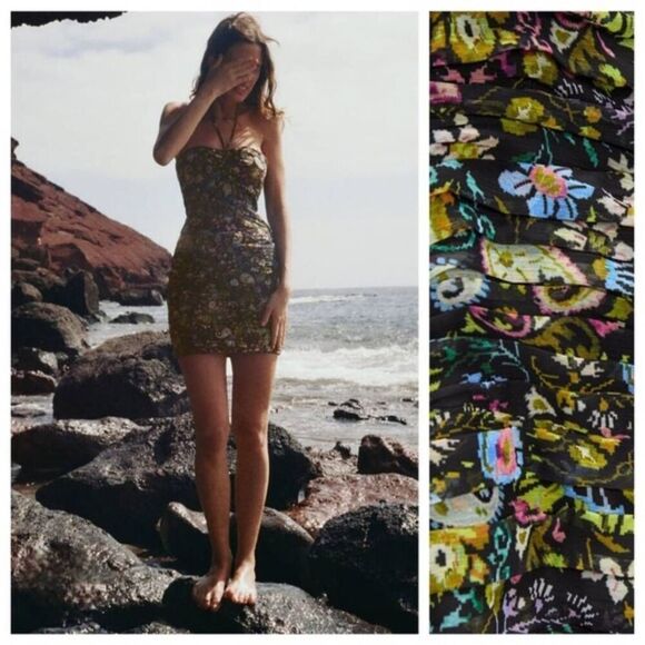 NWOT Zara Ruched Flower Halter Mini Dress - Picture 1 of 9